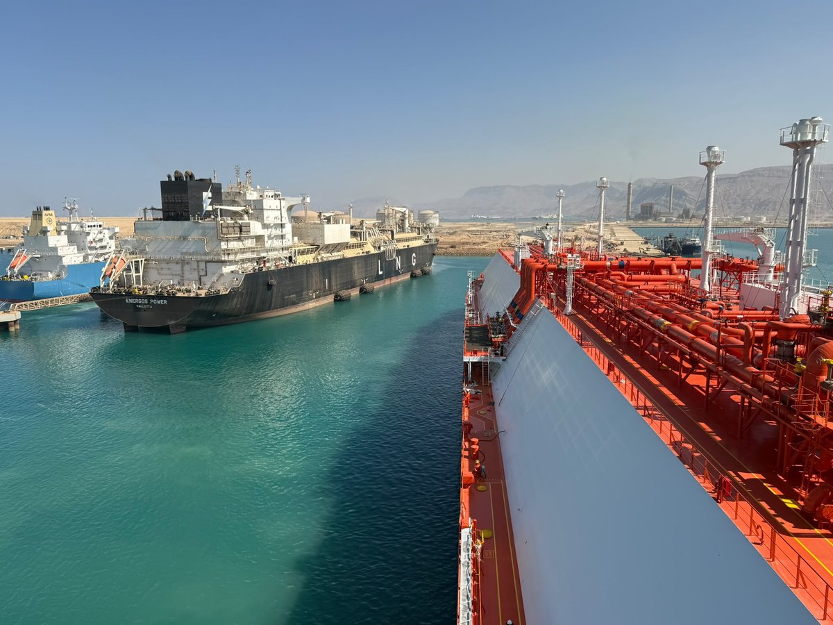 LNG carrier alongside the FSRU Energos Power during a ship-to-ship transfer at the Ain Sokhna LNG import terminal, Egypt